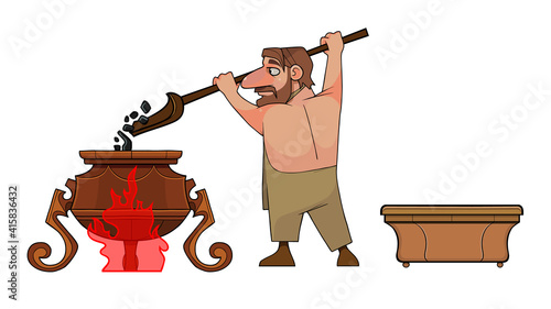 cartoon man pouring a shovel into a pot a cauldron on fire