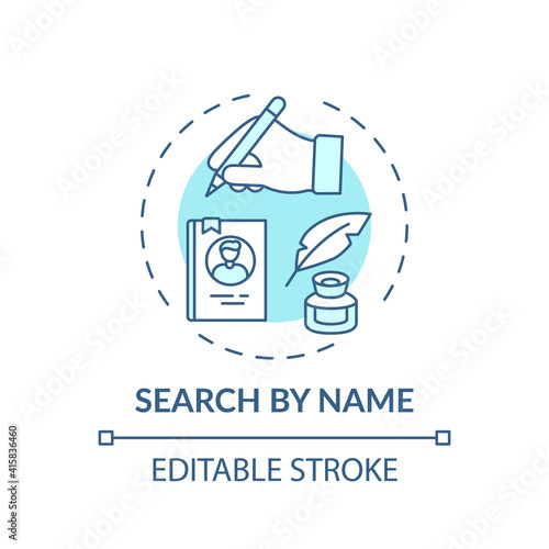 Search by name concept icon. Friendly search tools idea thin line illustration. Online library searching system. New technologies. Vector isolated outline RGB color drawing. Editable stroke