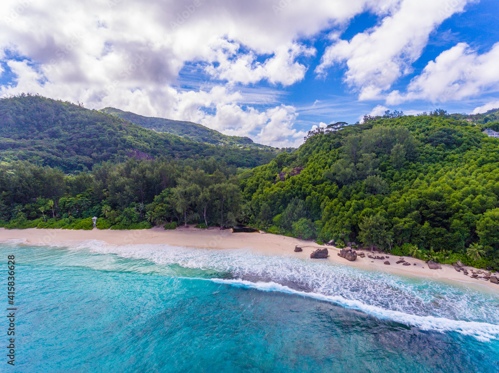 Aerial view on one of the most beautiful beaches on Mahe island - Intendance, Seychelles