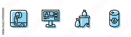 Set line Full dustbin, Wastewater, Television report and Barrel oil icon. Vector.