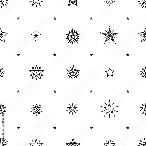Cute Stars Vector Seamless Pattern. Starry Sky Background of Doodle Different Star Icons. Festive Stars Black and White Wallpaper. Holiday and Birthday Party Design