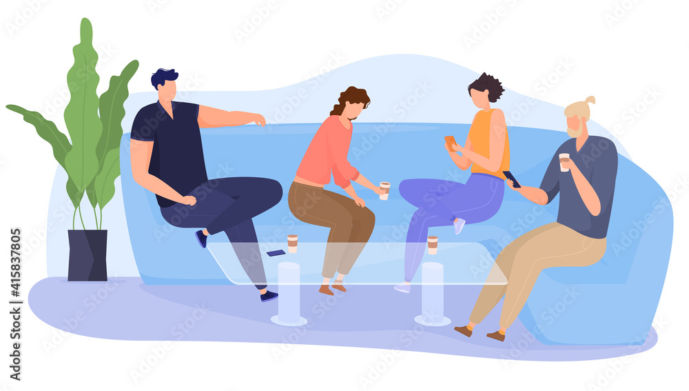The company goes to the cafe on the couch, have fun, sit in social networks. Friends spend time together. Colorful vector illustration in flat cartoon style.