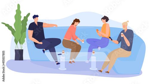 The company goes to the cafe on the couch, have fun, sit in social networks. Friends spend time together. Colorful vector illustration in flat cartoon style.