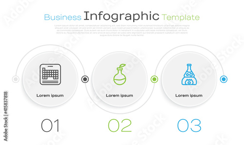 Set line Periodic table, Plant breeding and Test tube flask on fire. Business infographic template. Vector.