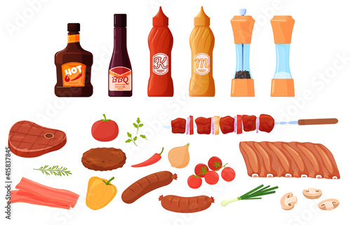Set of food for barbecue, grill. Meat and vegetables, steak, ribs, sausages. Sauces, condiments, ketchup, mustard. Colorful vector illustration in flat cartoon style.