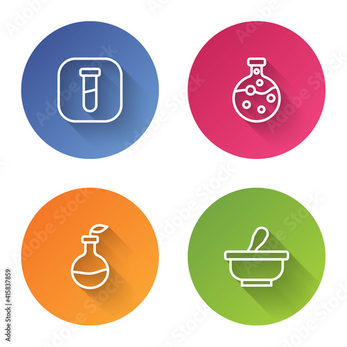 Set line Test tube and flask, , Plant breeding and Mortar pestle. Color circle button. Vector.