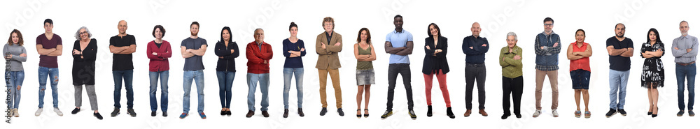 large group of women and men with arms crossed on white background large group of women and men with arms crossed on white background