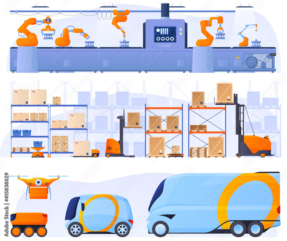 Automated assembly line with the help of robots. Reasonable assembly in a warehouse. Logistics, delivery of goods without human intervention, drones