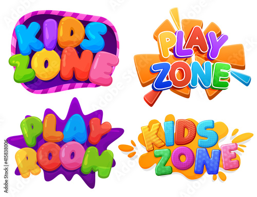 Kids zone, Play zone, Play room sign. Color inscription logo, game area, bubble rainbow letters. Bright, vector inscription on a white background