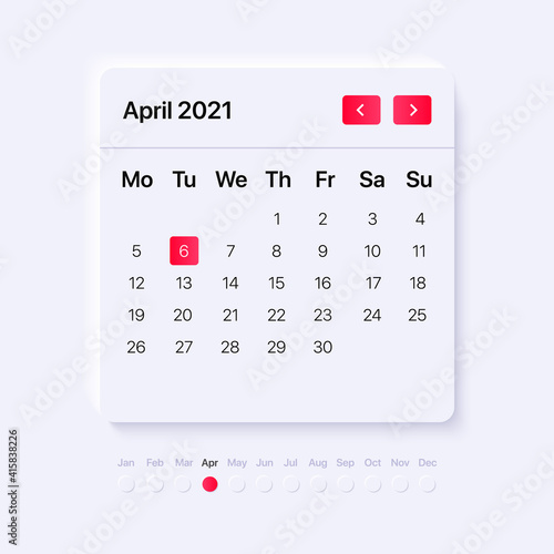 UI calendar concept. GUI for mobile and web application. modern white widget style. Vector illustration