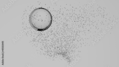 3D illustration of a glass sphere and lots of water bubbles isolated on a white background