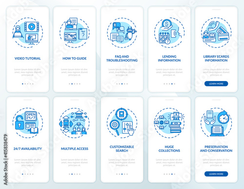Online library onboarding mobile app page screen with concepts. Types of digital libraries walkthrough 10 steps graphic instructions. UI vector template with RGB color illustrations