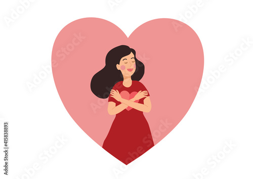 woman love her self with heart background. Self care concept.