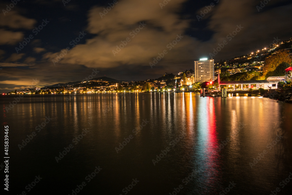 A long exposure view on Lac Leman lake reflections in Montreux town in Switzerland 