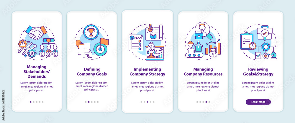 Top management tasks onboarding mobile app page screen with concepts. Managing stakeholders demands walkthrough 5 steps graphic instructions. UI vector template with RGB color illustrations