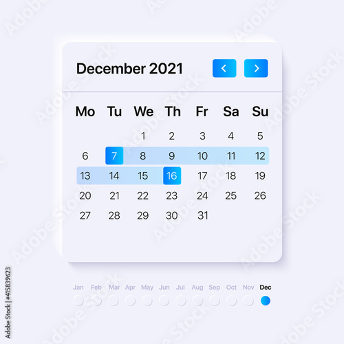 Calendar UI Template. Blue Gradient pickers. Neumorphism Widget concept. Vector illustration