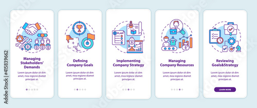 Top management tasks onboarding mobile app page screen with concepts. Managing stakeholders demands walkthrough 5 steps graphic instructions. UI vector template with RGB color illustrations © bsd studio