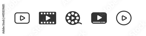Video media play icon set, multimedia movie start push button, player app symbol collection concept, illustration on white background.
