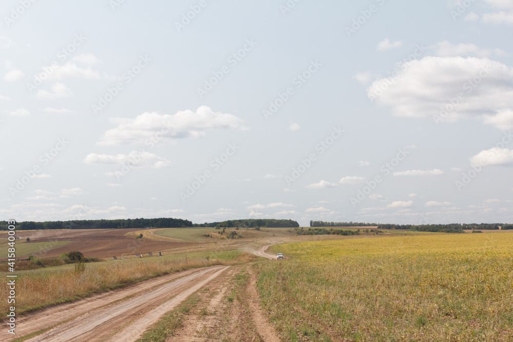 Empty countryside road through fields