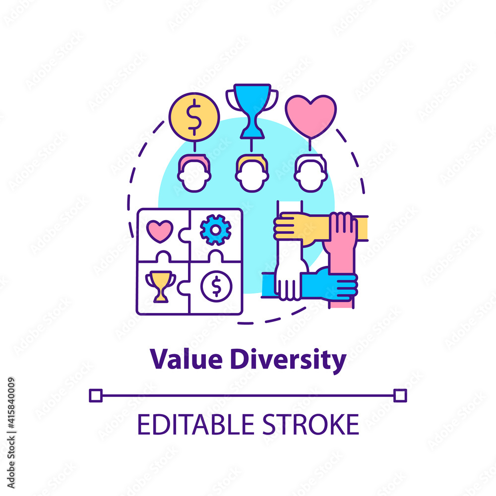 Value diversity concept icon. Top management diversity types. Differences between people. Multicultural idea thin line illustration. Vector isolated outline RGB color drawing. Editable stroke