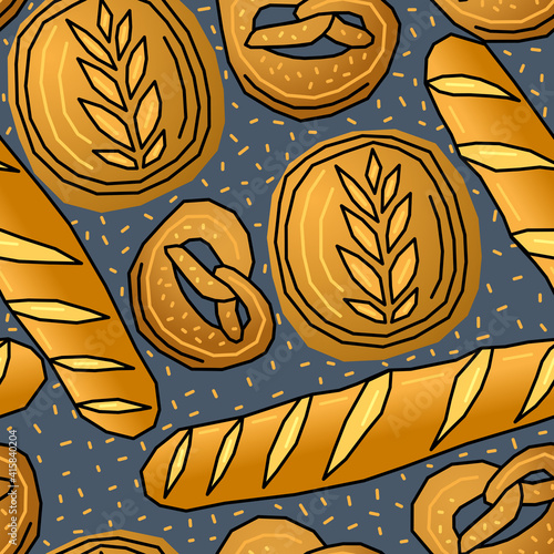 Vector seamless pattern with different types of bread Baguette, bagel, loaf