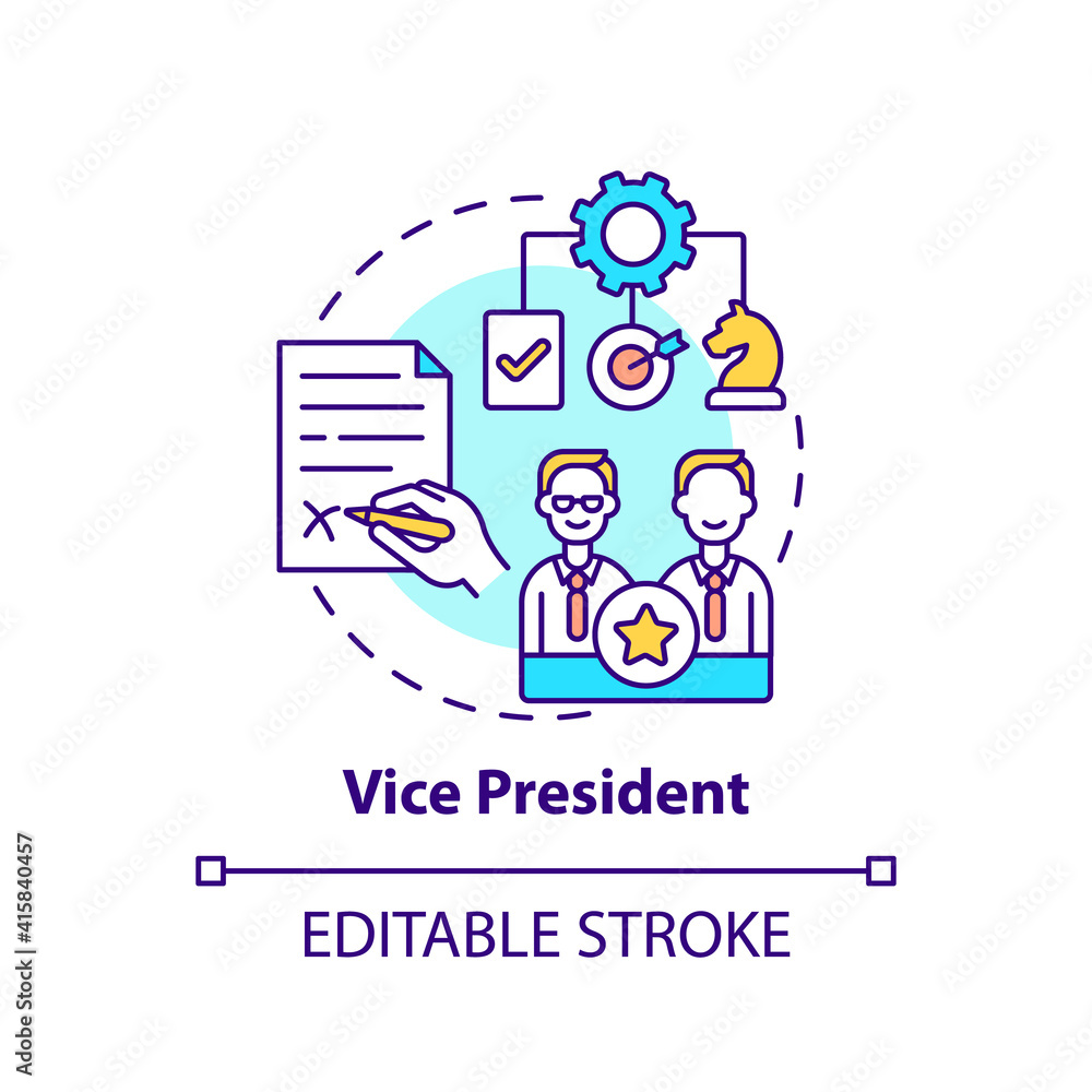 Vice president concept icon. Company top management jobs. Executive who reports to president. Organization idea thin line illustration. Vector isolated outline RGB color drawing. Editable stroke Vice president concept icon. Company top management jobs. Executive who reports to president. Organization idea thin line illustration. Vector isolated outline RGB color drawing. Editable stroke
