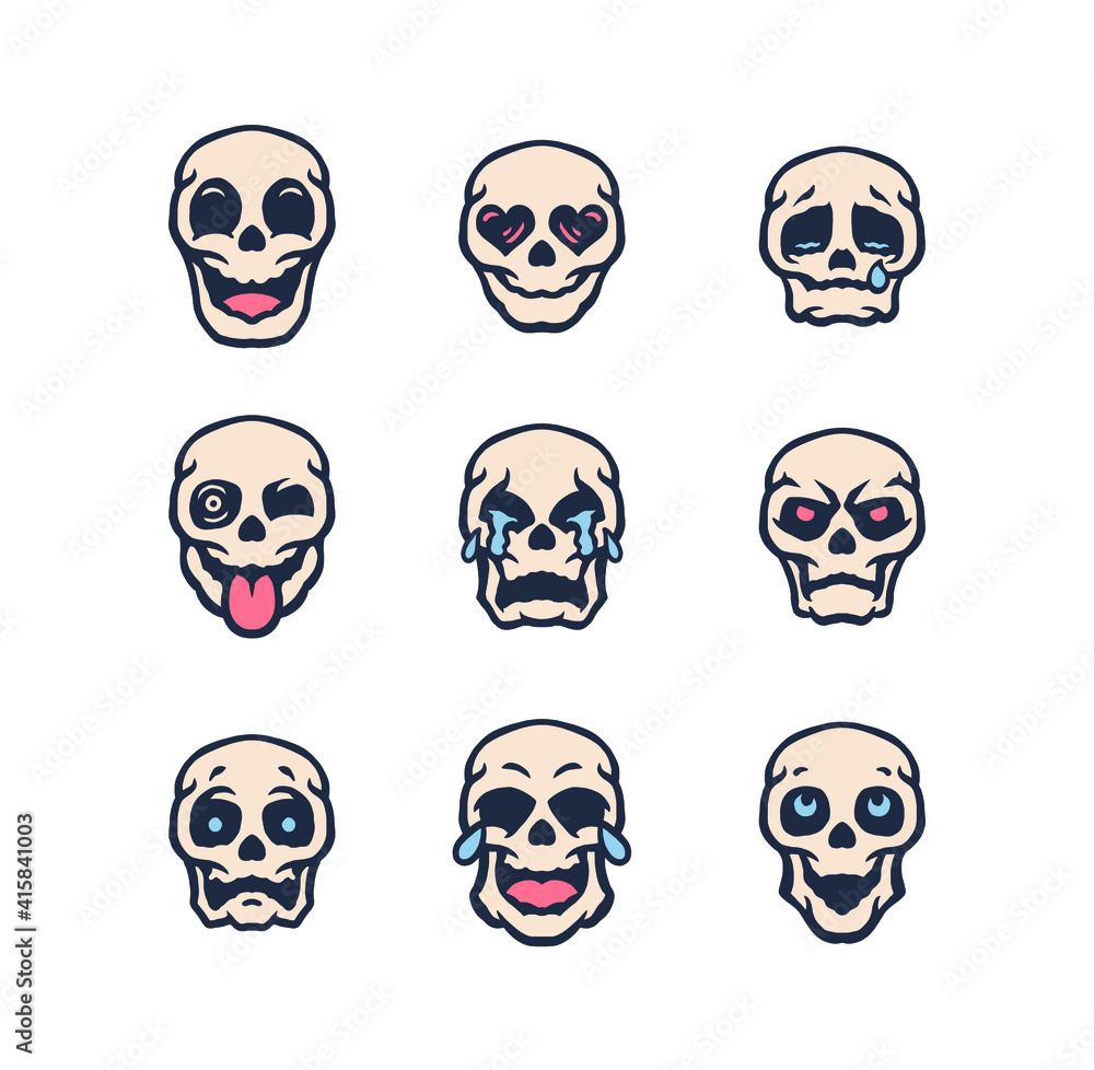 Set of skull emoticon, hand drawn line style with digital color, vector illustration Set of skull emoticon, hand drawn line style with digital color, vector illustration
