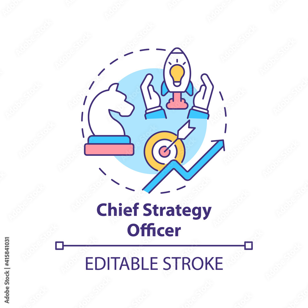 Chief strategy officer concept icon. Top management positions. Developing corporate initiatives. Business idea thin line illustration. Vector isolated outline RGB color drawing. Editable stroke Chief strategy officer concept icon. Top management positions. Developing corporate initiatives. Business idea thin line illustration. Vector isolated outline RGB color drawing. Editable stroke
