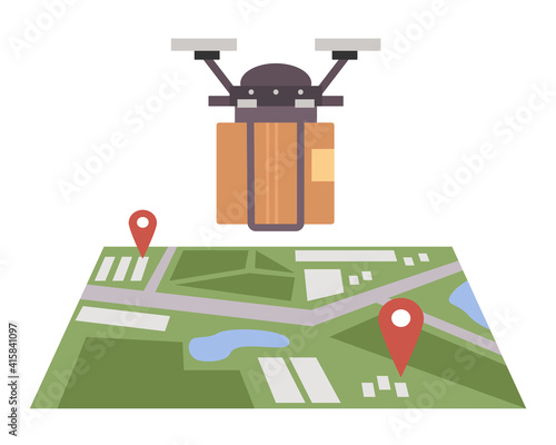 Drone delivery service. Copter with box flying over map with location symbols. Smart technology delivery of packages to customers. Flat isolated vector illustration.