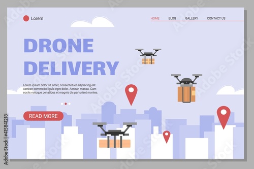 Website banner template for drone delivery service with delivery drone bringing packages to clients, cartoon vector illustration. Contemporary delivery technology.