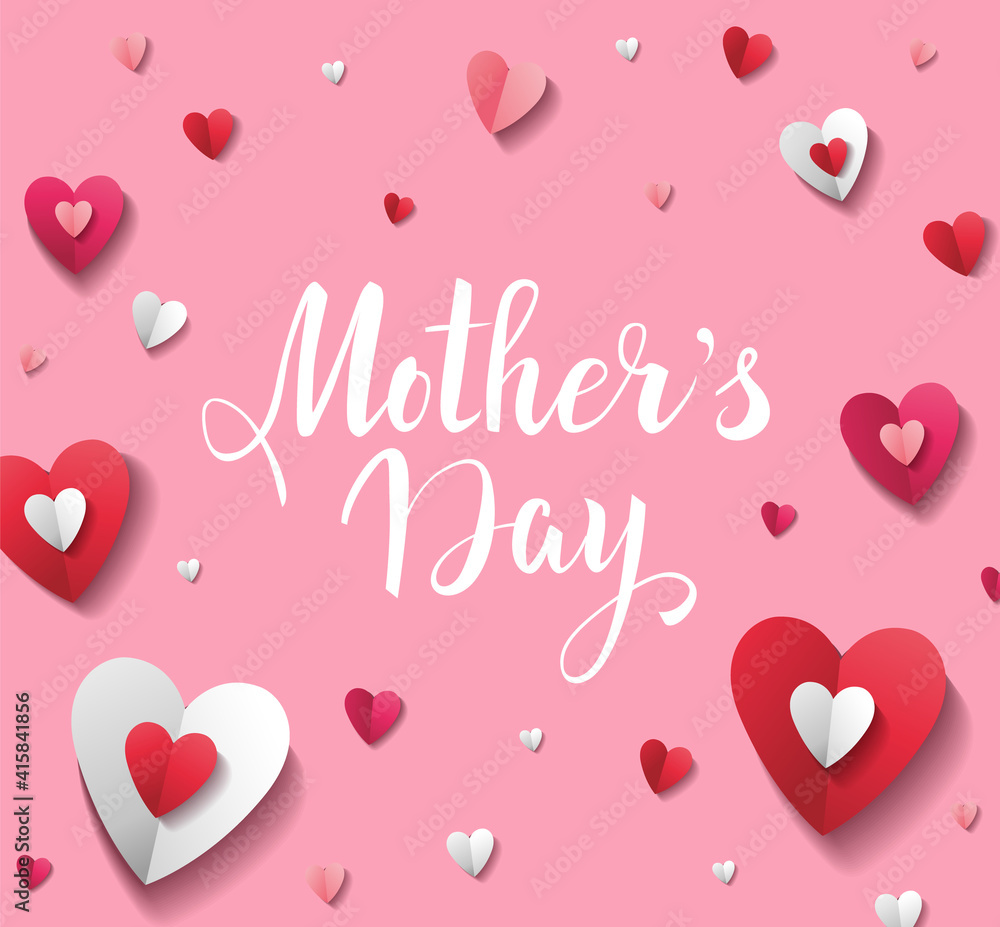 Mother's Day holiday design concept with handwritten lettering and paper hearts on pink background. - Vector Mother's Day holiday design concept with handwritten lettering and paper hearts on pink background. - Vector