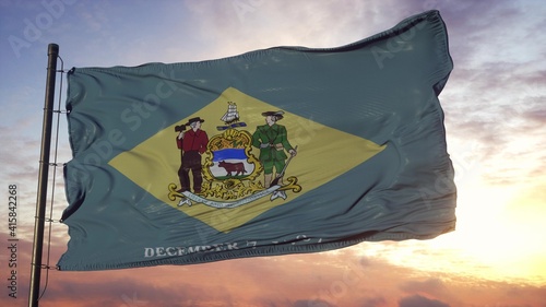 Flag of Delaware waving in the wind against deep beautiful sky. 3d illustration