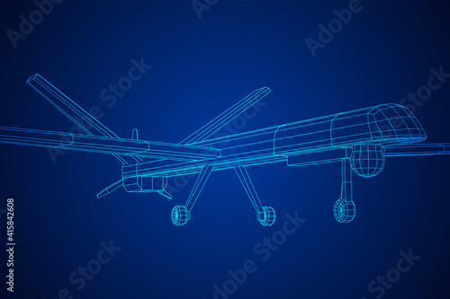 Military drone combat unmanned aerial vehicle. Recon aircraft plane. Wireframe low poly mesh vector illustration.