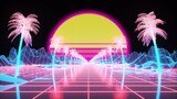 Retro 80s style synthwave sunrise with palm trees. 3d illustration