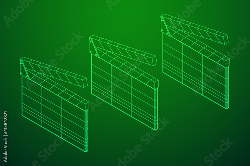 Movie clapper board. Film cinema concept. Wireframe low poly mesh vector illustration