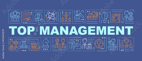 Top management word concepts banner. Responsible for controlling. Infographics with linear icons on dark blue background. Isolated typography. Vector outline RGB color illustration