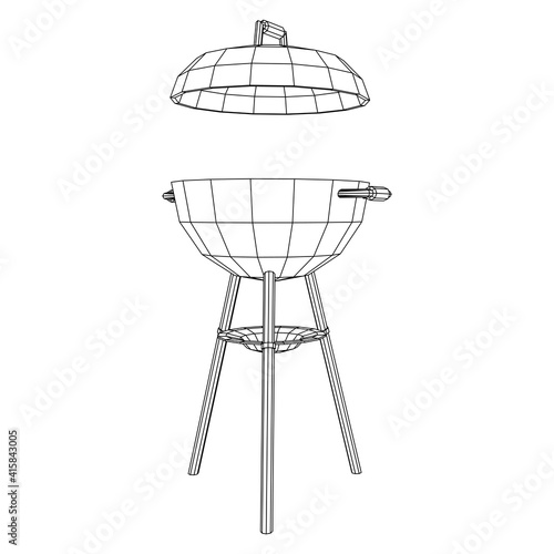 Round barbecue grill. Outdoor bbq party. Wireframe low poly mesh vector illustration