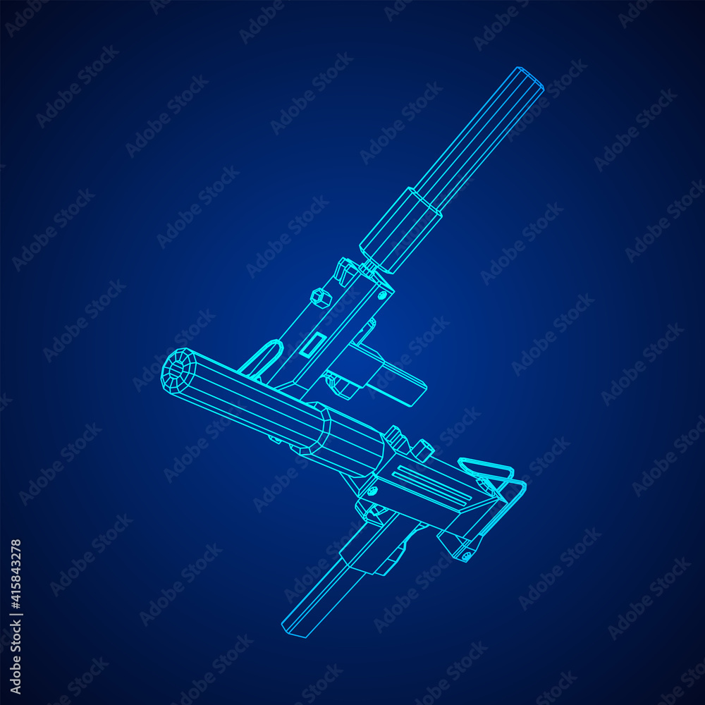 Submachine gun modern firearms pistol with silencer. Wireframe low poly mesh vector illustration. Submachine gun modern firearms pistol with silencer. Wireframe low poly mesh vector illustration.