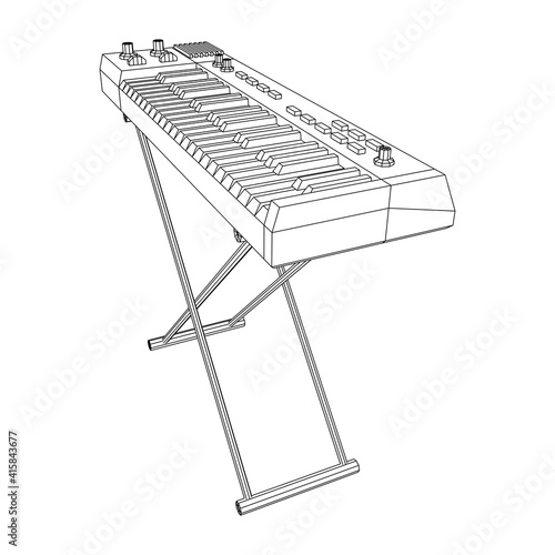 Piano roll analog synthesizer faders buttons knobs. Wireframe low poly mesh vector illustration.