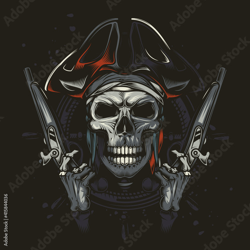 Skull pirate in a cocked hat with guns in his hands. Original vector illustration in vintage style. Print on t-shirt.