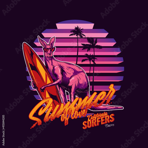 Original vector illustration in the spirit of the 80s. Kangaroo surfing on the background of sunset and palm trees.
