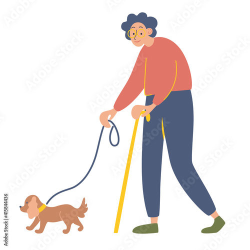 Elderly woman with a cane on a walk with her beloved dog. Happy old lady with her favorite pet. Healthy lifestyle and active pastime for elderly people. Vector flat cartoon illustration.