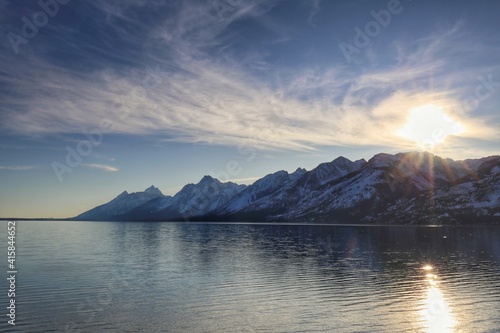 reflection of beautiful landscape view of Jackson Lake during dusk time at Jackson Lake Overlook in Grand Teton National Park which is located in Wyoming State  USA