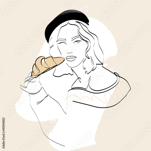 Fashion girl wearing stylish black beret eats croissant, Parisian lifestyle. Abstract mademoiselle. Contemporary design, vector illustration for t-shirt, prints, covers, posters, logo
