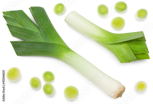 leek with slices isolated on white background. with clipping path. top view photo