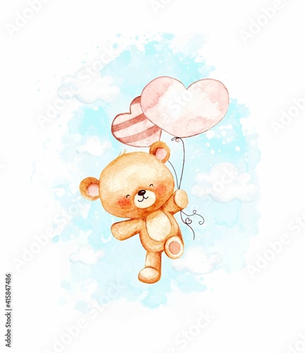 Teddy bear flying with balloons