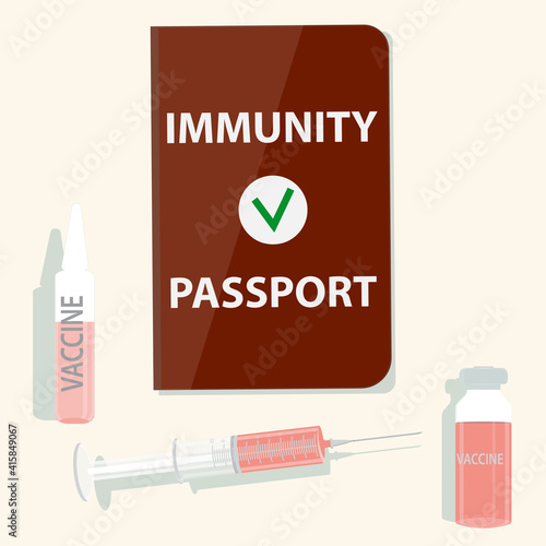 Immunity passport, syringe, ampoule - vector. Travel for new needs. Prevention of Covid-19. Health care concept.