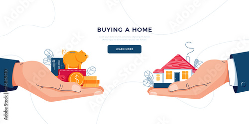 Buying a new home concept. Hands with a house and money. Deal sale, purchase of real property, mortgage loan, buy a home for web site, landing page, homepage. Modern flat design vector illustration