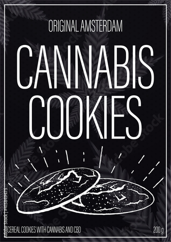 Cannabis cookies, package design in doodle style with cannabis cookies and marijuana leafs on background. Black cover design for cannabis products