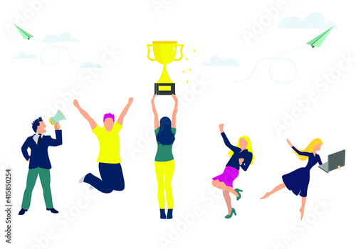 Victory, the cup prize for the best result. Winning teams, people standing on the podium of the first, second and third places, vector illustration in a flat style on a white background photo